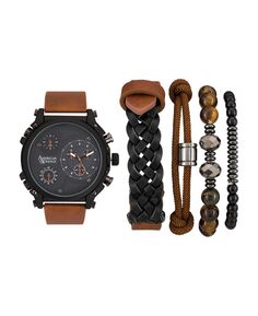 Мужские часы с коричневым кожаным ремешком и кварцевым циферблатом, 48 мм, подарочный набор из 5 штабелируемых браслетов в ассортименте American Exchange