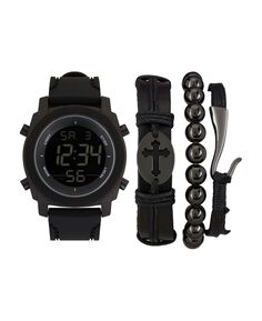 Мужские кварцевые часы с цифровым циферблатом, черный силиконовый ремешок и разные черные штабелируемые браслеты, подарочный набор, набор из 4 шт. American Exchange