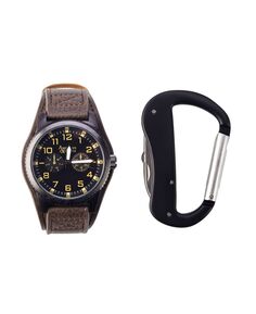 Мужские аналоговые часы с кварцевым механизмом, черный кожаный ремешок, 44 мм, с карабином и дорожной сумкой на молнии American Exchange