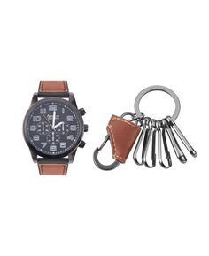 Мужские аналоговые часы с кварцевым механизмом, коньячным кожаным ремешком, 48 мм, брелок для ключей и дорожный чехол на молнии American Exchange
