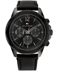 Мужские многофункциональные часы с черным кожаным ремешком, 46 мм Tommy Hilfiger