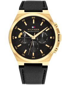 Мужские многофункциональные черные кожаные часы 46 мм Tommy Hilfiger