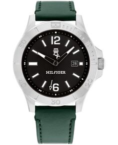 Мужские кварцевые часы с зеленым кожаным ремешком, 46 мм Tommy Hilfiger