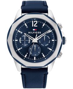 Мужские многофункциональные часы с кожаным ремешком темно-синего цвета, 46 мм Tommy Hilfiger