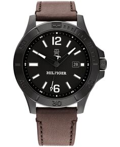 Мужские кварцевые часы с темно-коричневым кожаным ремешком, 46 мм Tommy Hilfiger