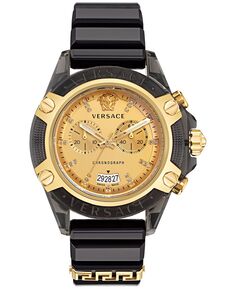 Мужские часы Icon Active Swiss Chronograph Diamond (0,15 карата t.w.), черный силиконовый ремешок, 44 мм Versace