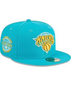 Мужская бирюзовая желтая майка New York Knicks 2-Time Champions Breeze Grilled Undervisor 59FIFTY Облегающая шляпа New Era