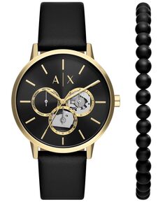 Мужские многофункциональные часы с черным кожаным ремешком, 42 мм, браслет из черного оникса с бусинами Armani Exchange