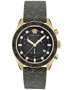 Мужские швейцарские часы с хронографом Greca Dome, черный кожаный ремешок, 43 мм Versace