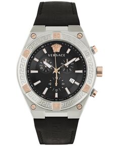 Мужские швейцарские часы с хронографом V-Sporty Greca, черный кожаный ремешок, 46 мм Versace