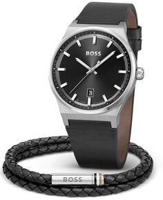Мужские кварцевые черные кожаные часы Candor 41 мм, подарочный набор с кожаным браслетом BOSS