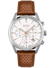 Мужские часы с хронографом Champion коричневого цвета с перфорированным кожаным ремешком, 44 мм BOSS