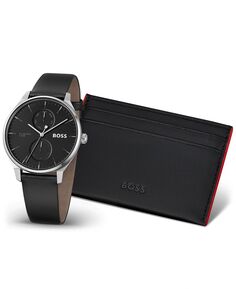 Мужские кварцевые многофункциональные черные кожаные часы Tyler 43 мм, подарочный набор с черным кожаным визитницей BOSS