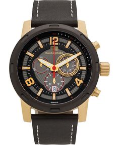 Мужские часы-хронограф Baracchi, черный кожаный ремешок, белая строчка, черный/серый циферблат, золотой корпус, 46 мм Buech &amp; Boilat