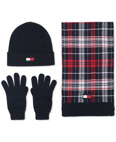 Мужской комплект из шарфа в клетку, шапки с логотипом и перчаток Tommy Hilfiger