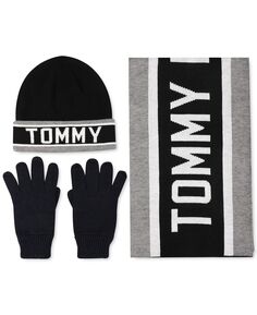 Мужской комплект из шарфа в гоночную полоску, шапки с манжетами с логотипом и перчаток Tommy Hilfiger