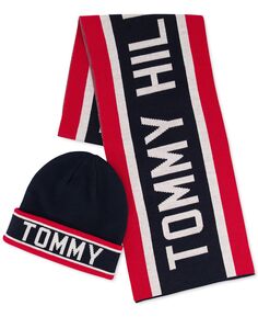 Мужской комплект из шарфа в гоночную полоску, шапки с манжетами с логотипом и перчаток Tommy Hilfiger