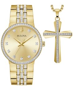 Мужские часы-браслет из нержавеющей стали с кристаллами и золотистым браслетом 40 мм и ожерельем в коробке Bulova