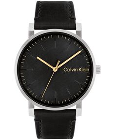 Мужские часы с тремя стрелками, черный кожаный ремешок, 43 мм Calvin Klein