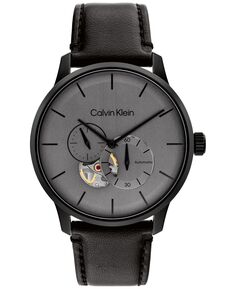 Мужские автоматические часы с вневременным черным кожаным ремешком, 42 мм Calvin Klein