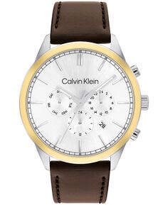 Мужские многофункциональные часы с коричневым кожаным ремешком, 44 мм Calvin Klein