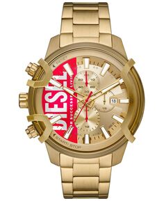 Мужские часы с хронографом и рифленым золотистым браслетом из нержавеющей стали, 48 мм Diesel