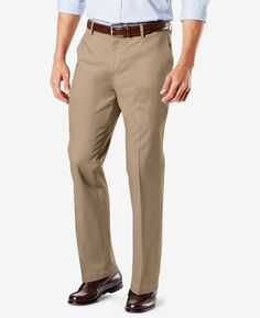 Мужские брюки прямого кроя из хлопка Signature Lux со складками эластичного цвета цвета хаки Dockers