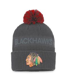 Мужская фирменная темно-серая вязаная шапка Chicago Blackhawks Authentic Pro Home Ice с манжетами и помпоном Fanatics