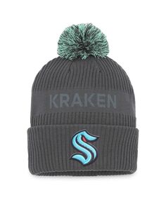 Мужская фирменная темно-серая вязаная шапка Seattle Kraken Authentic Pro Home Ice с манжетами и помпоном Fanatics