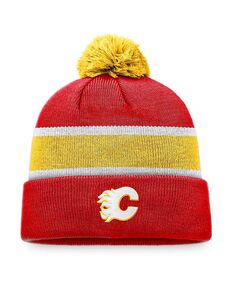 Мужская фирменная красно-желтая вязаная шапка с отстегивающимися манжетами и помпоном Calgary Flames Fanatics