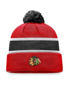 Мужская фирменная красно-черная вязаная шапка Chicago Blackhawks с манжетами и помпоном Fanatics