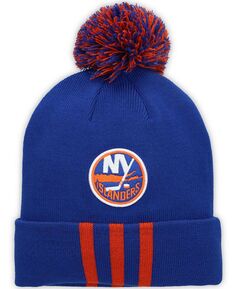 Мужская вязаная шапка Royal New York Islanders с тремя полосками и манжетами и помпоном adidas
