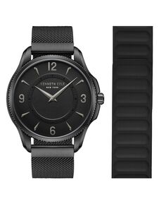 Мужские кварцевые классические черные часы из нержавеющей стали и силикона, подарочный набор, 42 мм, 2 предмета Kenneth Cole New York