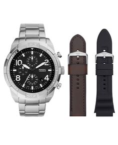 Мужской хронограф Bronson, серебристые часы-браслет из нержавеющей стали, диаметр 50 мм, сменный коричневый кожаный ремешок, комплект черного силиконового ремешка Fossil