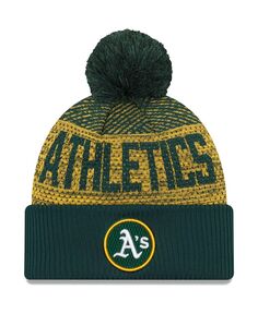 Мужская зеленая спортивная вязаная шапка с манжетами и помпоном Oakland Athletics Authentic Collection New Era