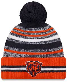 Мужская темно-синяя/оранжевая вязаная шапка Chicago Bears 2021 Sideline Sport с манжетами и помпонами New Era