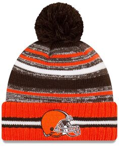 Официальная вязаная шапка с манжетами и помпоном Cleveland Browns 2021 Sideline Sport New Era