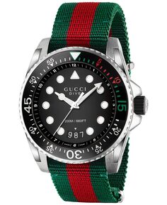 Часы Dive с зеленым и красным нейлоновым ремешком, 44 мм Gucci