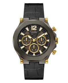 Мужские многофункциональные часы из натуральной кожи и силикона черного цвета с бронзовым металлом, 46 мм GUESS