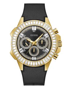 Мужские многофункциональные часы из гладкой черной гладкой кожи с золотистым блеском, многофункциональные часы с силиконовым каучуковым ремешком, 47 мм GUESS