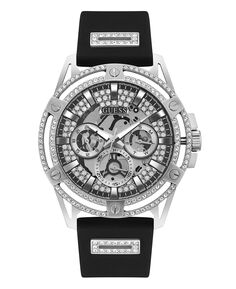 Мужские серебристые блестящие черные силиконовые многофункциональные часы 48 мм GUESS
