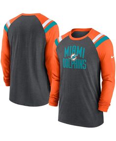 Мужская спортивная футболка тройного цвета с длинными рукавами реглан, темно-серый, оранжевый Miami Dolphins Nike