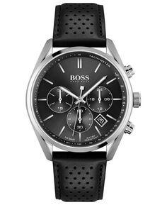 Мужские часы HUGO с хронографом Champion, черный кожаный ремешок, 44 мм BOSS