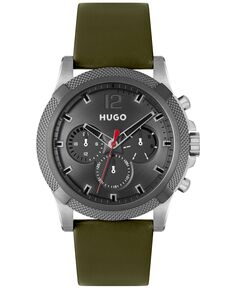 Мужские многофункциональные кварцевые часы Impress с зеленым кожаным ремешком, 46 мм HUGO