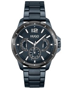 Мужские часы #Sport синего цвета с ремешком из нержавеющей стали, 46 мм HUGO