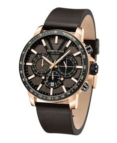 Мужские часы с хронографом, коричневые, темные, с ремешком из натуральной кожи, 44 мм Kenneth Cole New York