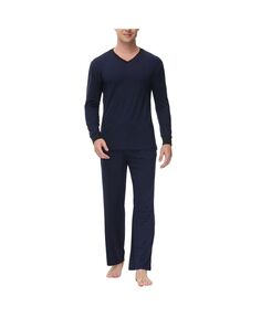 Мужской пижамный комплект из двух частей с v-образным вырезом и брюками для отдыха, сохраняющий тепло INK+IVY