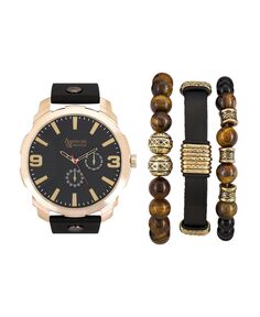 Мужские аналоговые кварцевые часы черного/золотого цвета и складываемый праздничный подарочный набор American Exchange