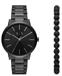 Подарочный набор мужских часов из нержавеющей стали с черным покрытием и черным браслетом из бисера, 42 мм Armani Exchange
