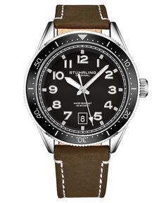 Мужские часы из натуральной кожи коричневого цвета с белой контрастной строчкой, 42 мм Stuhrling